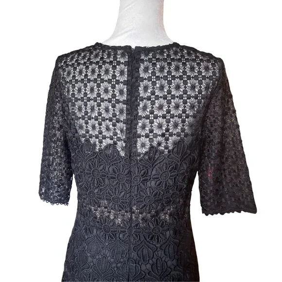 Anthropologie ML Monique Lhuillier Black Floral Lace Sheath Dress Sz 10 - Picture 4 of 16